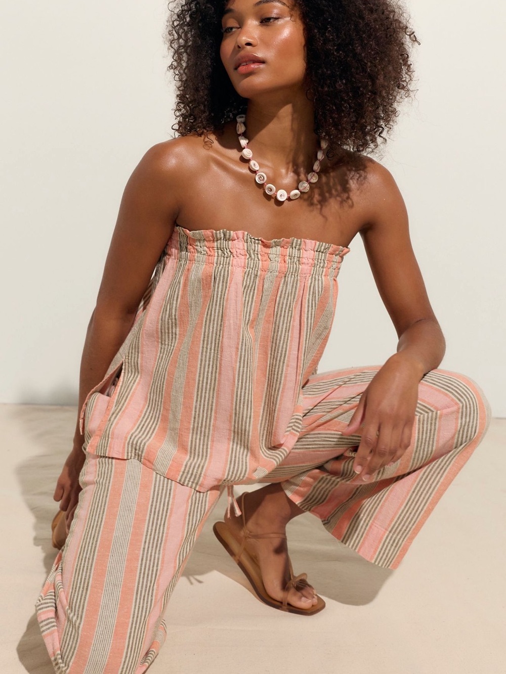 Free People Striped Peach & Cream Wide-Leg Pants - Picture 4 of 5